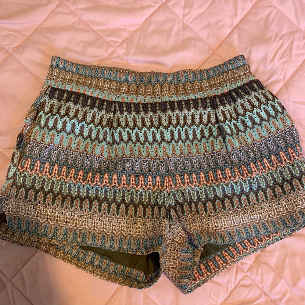 Mango, loose-fitting teal, brown, orange shorts